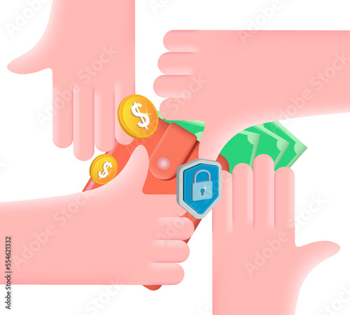 Wallet protection icon. The concept of payment security, financial security.
 The money is under reliable protection. Vector illustration, 3d.
