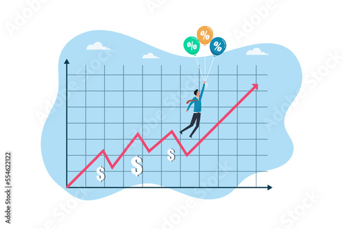 Interest rate hike due to global inflation percentage rising up, FED or central bank monetary policy, businessman hold percentage balloons symbol