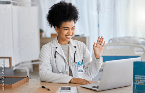 Laptop, video call and doctor consulting from office with online expert for advice, help and strategy, happy and excited. Healthcare, black woman and surgeon in online meeting for surgery planning