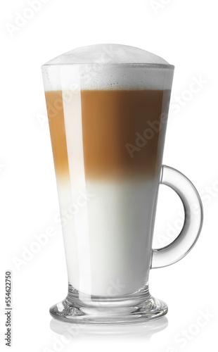 latte macchiato with milk foam in cup isolated on white