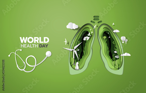 April 7 is World Health Day. Lung, stethoscope, cloud, tree, oxygen, air illustration. Paper cutout illustration vector