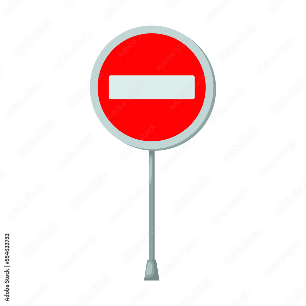 Road sign on metal pole vector illustration. red round sign with white outline, brick, no entry isolated on white background. Traffic, direction or destination concept Road sign on metal pole vector illustration. red round sign with white outline, brick, no entry isolated on white background. Traffic, direction or destination concept