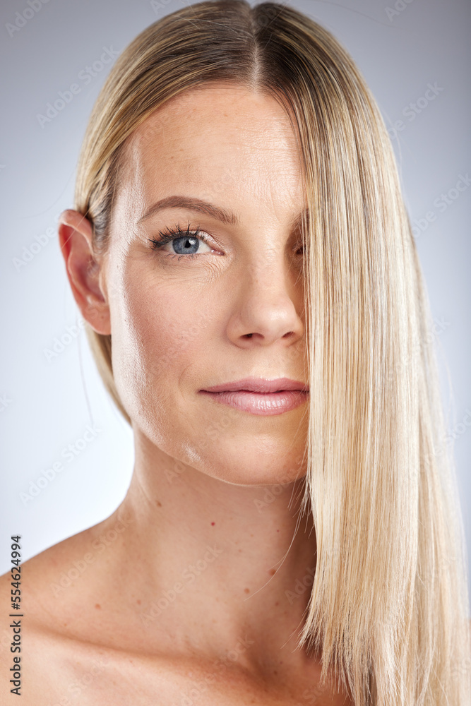 Portrait, woman and hair care for natural beauty, cosmetics and treatment on grey studio background. Female, girl and hair with healthy, strong and clean head shiny, luxury organic products or makeup Portrait, woman and hair care for natural beauty, cosmetics and treatment on grey studio background. Female, girl and hair with healthy, strong and clean head shiny, luxury organic products or makeup