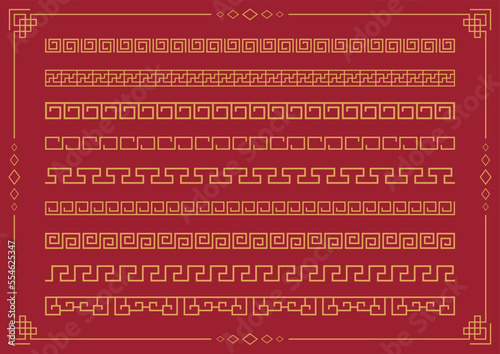 Set collection Vector border coil line pattern of symbol element oriental ornament design Traditional. The Chinese new year 2023 festival Asian style decoration frame template golden on red background