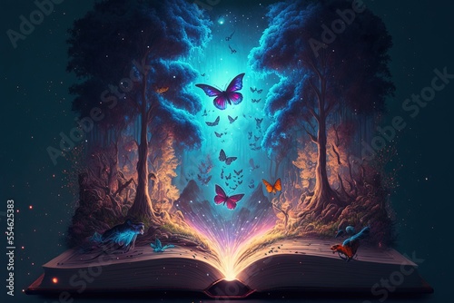 Open book revealing the magical forest and butterflies. fantasy concept. Generative AI 