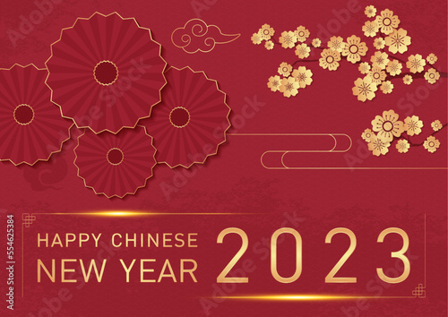 Happy Chinese new year 2023. Lunar rabbit zodiac symbol. oriental ornament design element Sakura blossom flower branches, fan, cloud traditional style red and golden modern Asian vector background.
