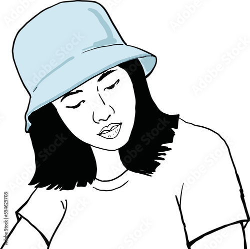 cartoon teenage girl wearing blue bucket hat.