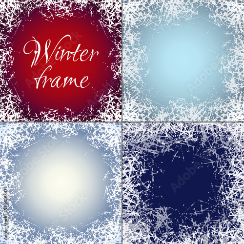 Set of ice crystals frames. Vector holiday design border with frosted patterns on freeze winter window.