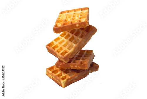 Pile of four waffles flying on a trasparent background