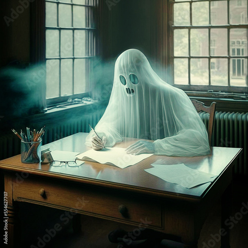Plakat Ghost writer: creative ghost at desk writing a novel made with generative Ai and post-processing