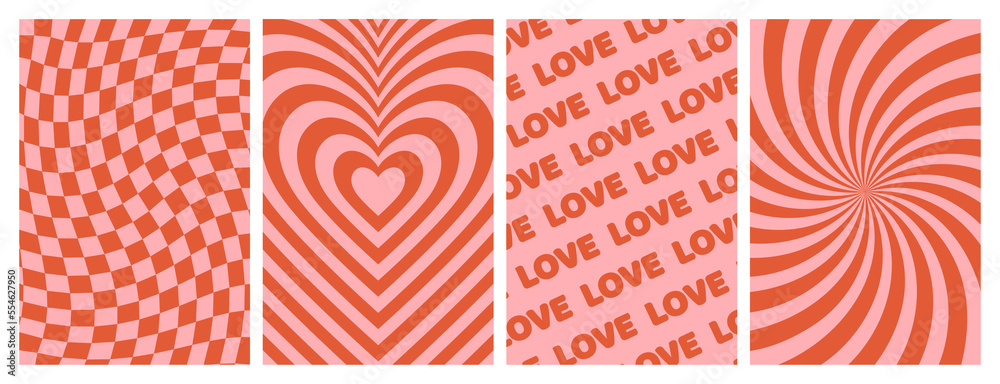 Groovy lovely backgrounds. Love concept. Happy Valentines day greeting card. Funky pattern and texture in trendy retro 60s 70s cartoon style. Vector illustration in pink red colors. - obrazy, fototapety, plakaty 