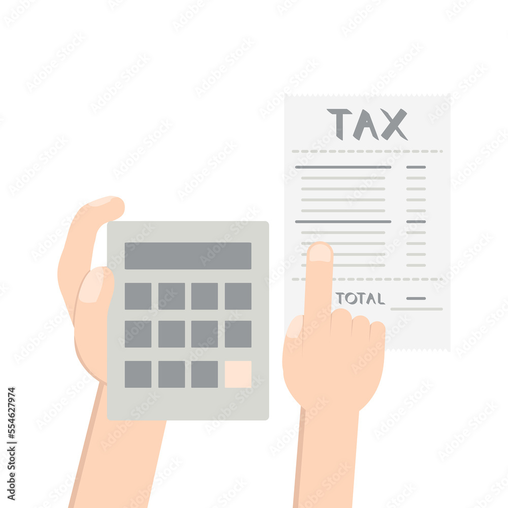 hand holding calc counting tax paper and pen
