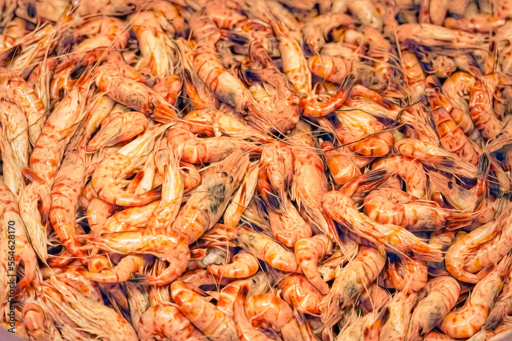 Impression on an aggregation of boiled as food North sea prawns schrimps, a Belgian expensive delicacy