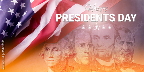 Valokuva Happy Presidents Day Concept with the US national Flag against a collage American Presidents portraits cut of Dollar bills