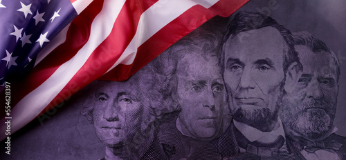 Fotografia Happy Presidents Day Concept with the US national Flag against a collage American Presidents portraits cut of Dollar bills