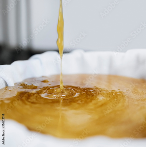 Honey production, extraction and drip in factory with sweet gold, splash and filter cloth in container. Honeycomb harvest, manufacturing and process with machine, liquid and beekeeping in California