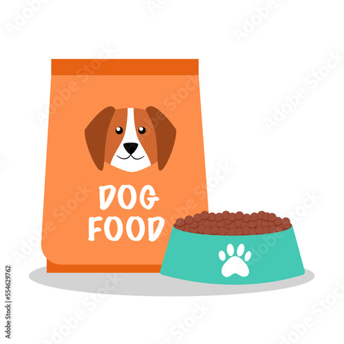 Dog food package with pet bowl in flat design on white background.
