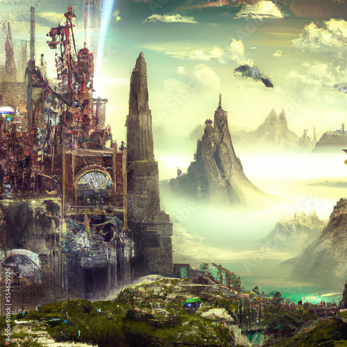 High Mountains and a steampunk castle in a Fantasy World © theo