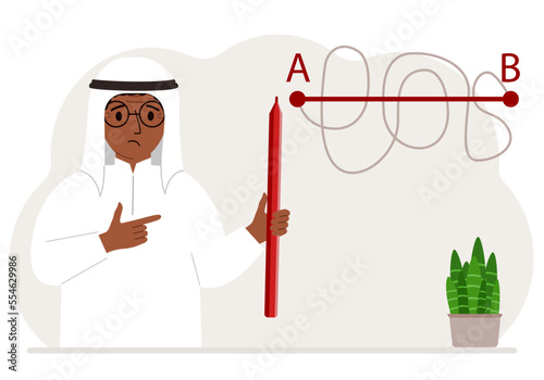A man with a red pencil in his hand. A line is drawn from point A to point B, a straight and difficult path, the shortest distance to the goal, an easy or short path to success in business and life.