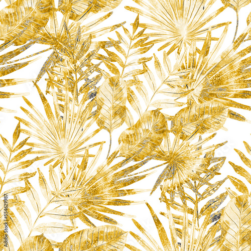 Watercolor seamless pattern with colorful abstract tropical leaves. Bright su...
