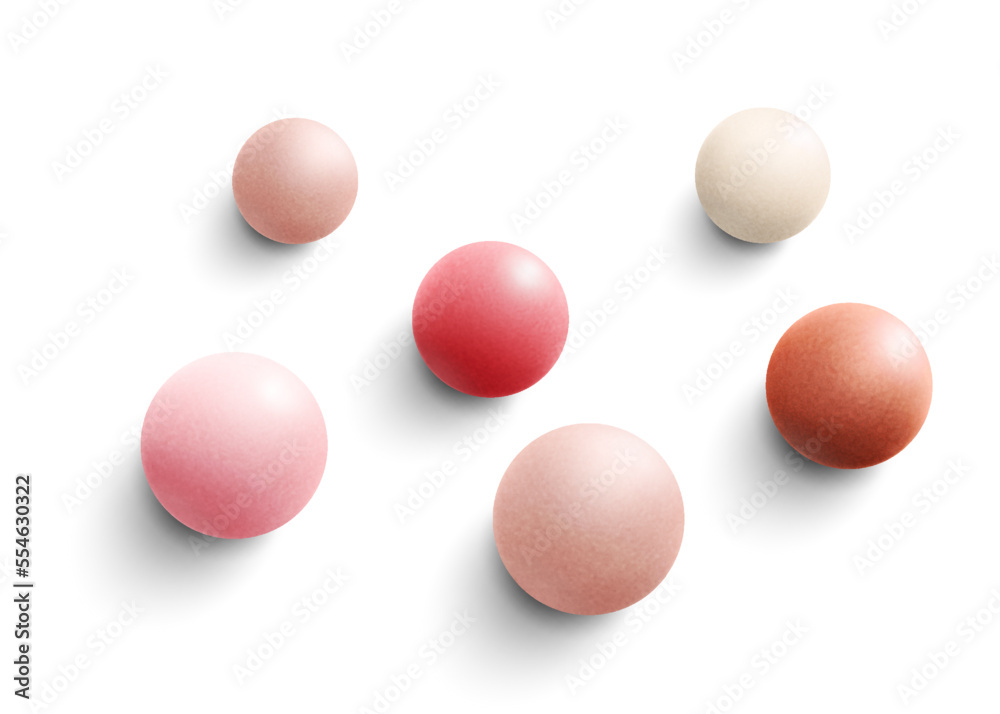 Blush balls, foundation, powder balls, meteorites. Vector colorful realistic 3d balls with shadow. Round sphere in pearls pastel, pink and beige colors isolated on white background.