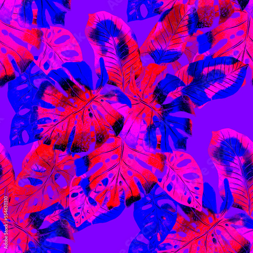 Watercolor seamless pattern with colorful abstract tropical leaves. Bright su...