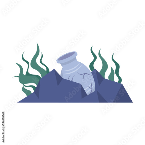 Ancient broken ceramic vase in ruins of Atlantis vector illustration. Stone building or monument of lost city underwater at bottom of ocean isolated on white background