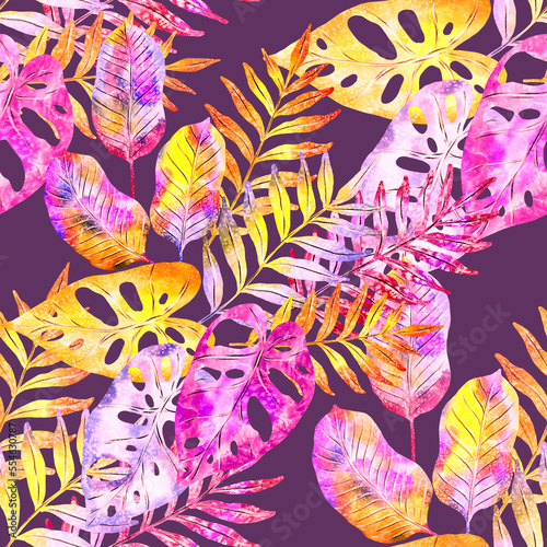 Watercolor seamless pattern with colorful abstract tropical leaves. Bright su...