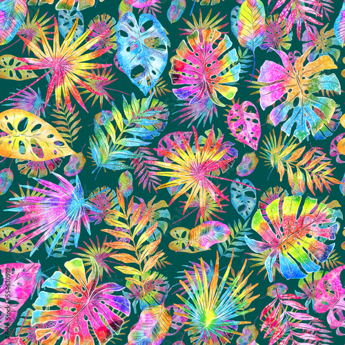 Watercolor seamless pattern with colorful abstract tropical leaves. Bright su...