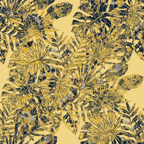 Watercolor seamless pattern with colorful abstract tropical leaves. Bright su...