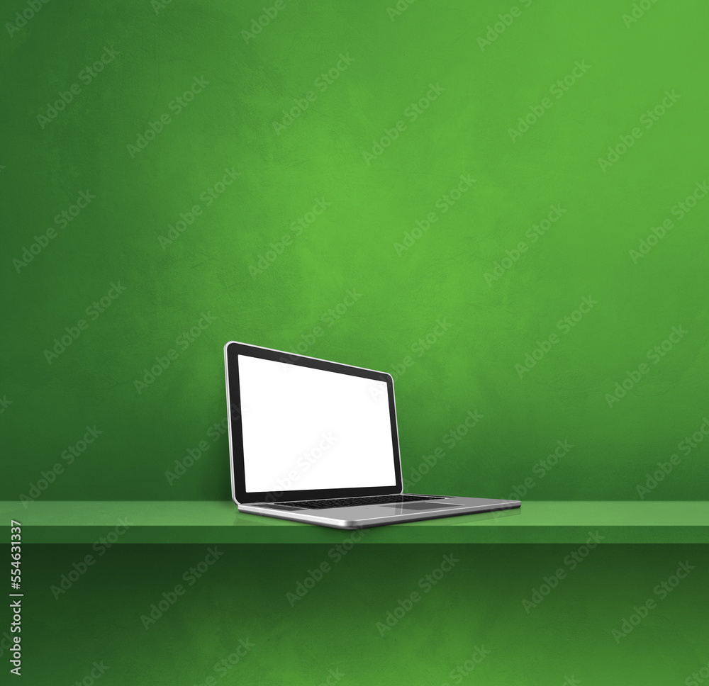 Laptop computer on green shelf. Square background Laptop computer on green shelf. Square background