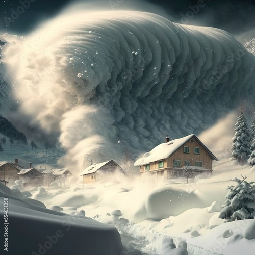 Foto illustration huge snow avalanche rolls towards village made with generative ai