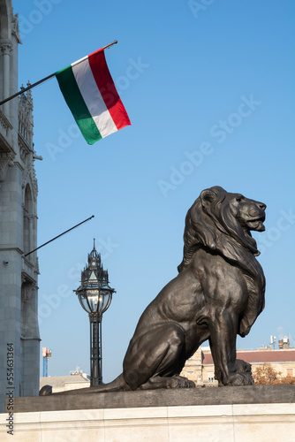 Fototapeta Lion statue and flag from Budapest Parliament.