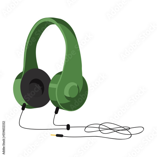 Green headphones vector illustration. Cartoon drawings of headsets or earphones for listening to music on white background. Music, technology, entertainment concept