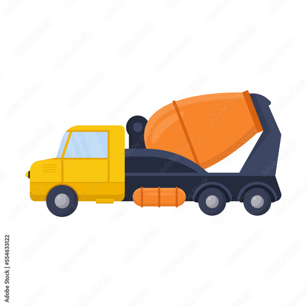 Naklejka premium Cement truck, mixing machine vector illustration. Cartoon drawings of auto concrete mixers or blenders and vehicles on white background. Transportation, heavy machinery concept