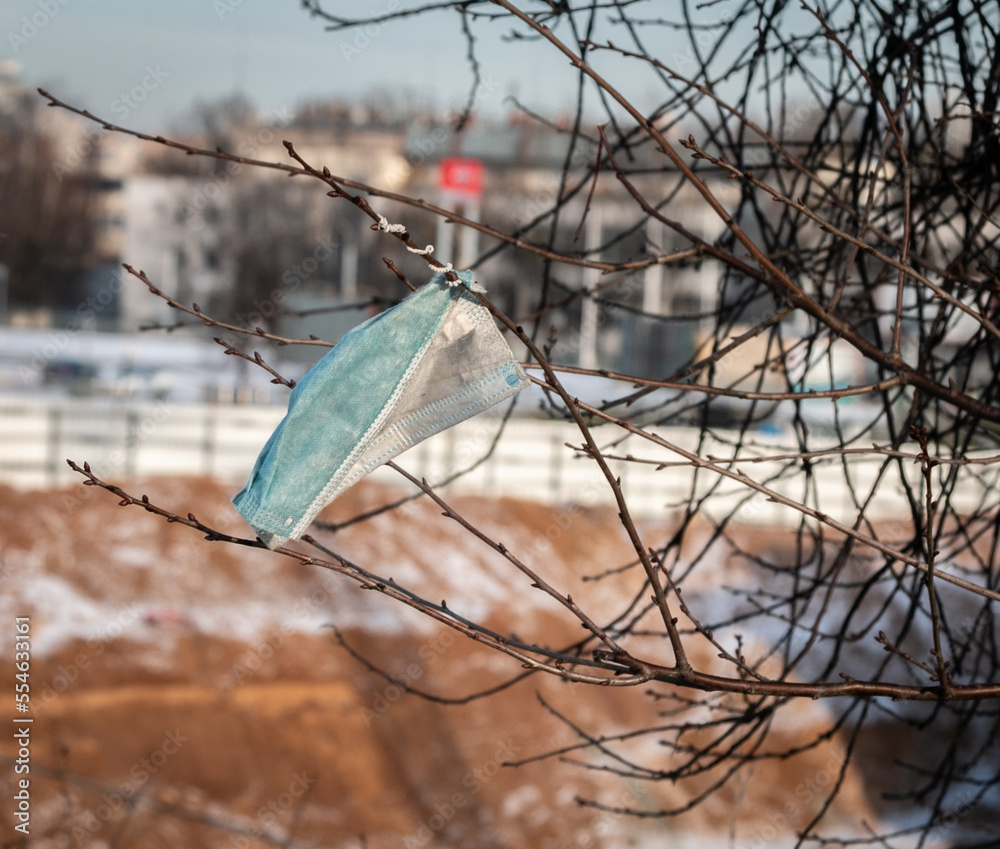 A used blue disposable medical mask hangs on a branch of a bush. The concept of improper disposal of used protective equipment.