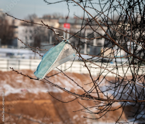Obraz na płótnie A used blue disposable medical mask hangs on a branch of a bush. The concept of improper disposal of used protective equipment. w salonie