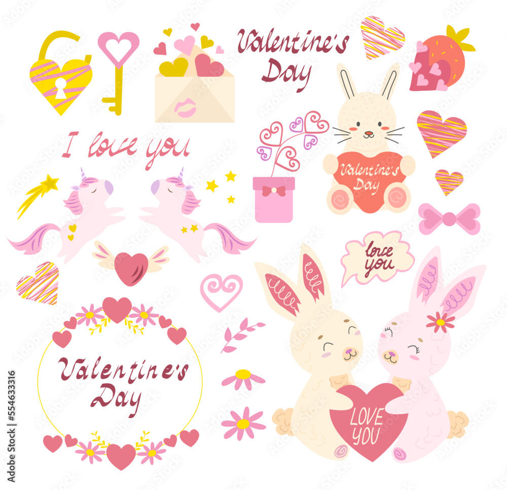 Valentine day set cute rabbit,  lettering, unicorn, star, flower, wreath and hearts. Perfect for scrapbooking, greeting card, party invitation, poster, tag, sticker kit. 