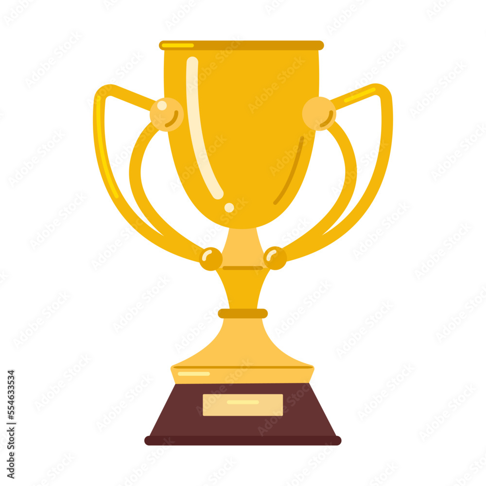 Gold trophy cup. Vector illustration of prize for winner. Cartoon golden goblet for award ceremony isolated on white. Victory, celebration concept Gold trophy cup. Vector illustration of prize for winner. Cartoon golden goblet for award ceremony isolated on white. Victory, celebration concept