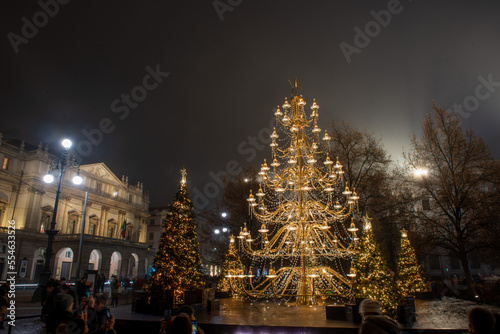 Illuminated Christmas tree in front of the Scala theater in Milan