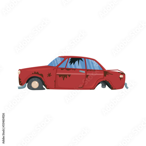 Broken car vector illustration. Cartoon drawings of damaged or abandoned rusty old automobile with flat tire isolated on white background. Car repair service concept
