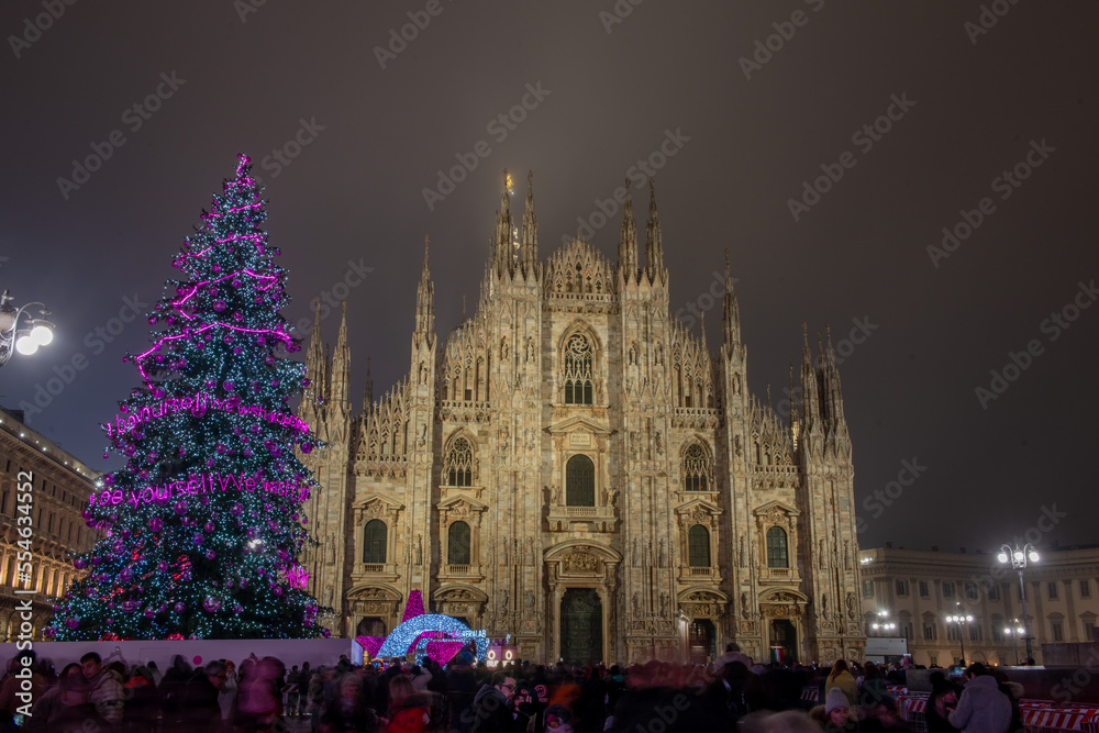 Illuminated Christmas tree in Piazza Duomo in Milan
