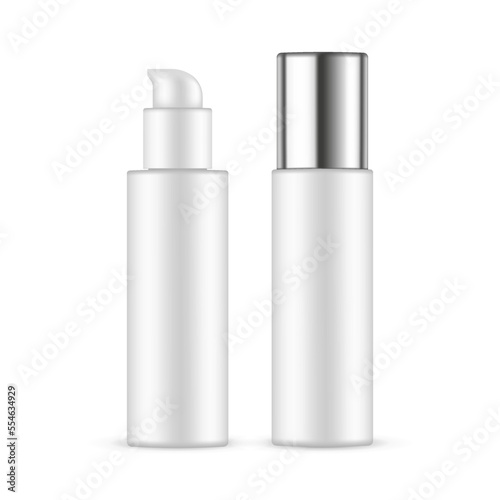 Blank Plastic Cosmetic Pump Bottle With Metal Cap, Opened and Closed Mockup, Isolated on White Background. Vector Illustration