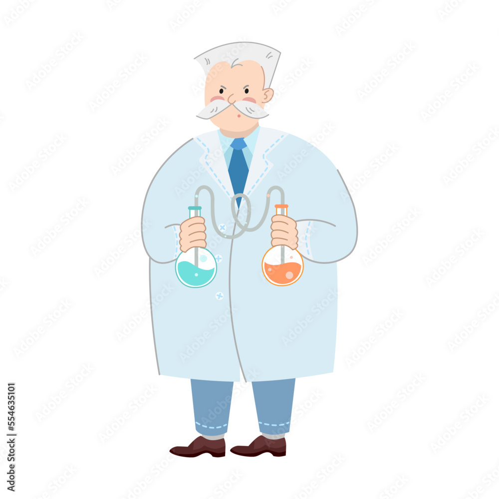 Scientist character holds in his hands two test tube flasks connected to each other. Cartoon vector illustration of funny old professor or doctor in uniform Scientist character holds in his hands two test tube flasks connected to each other. Cartoon vector illustration of funny old professor or doctor in uniform
