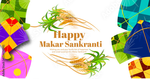 Creative Happy Makar Sankranti Festival Background Decorated with Kites, string for festival of India