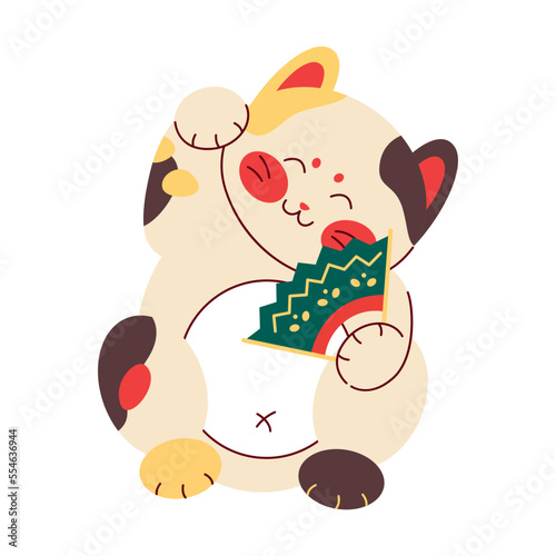 Maneki neko in clothes holding fan and dancing cartoon vector illustration. Funny Japanese fortune cat isolated on white background. Traditional Asian toy concept