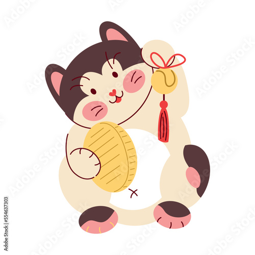 Maneki neko in clothes holding gold coin and traditional toy cartoon vector illustration. Funny Japanese fortune cat isolated on white background. Traditional Asian toy concept