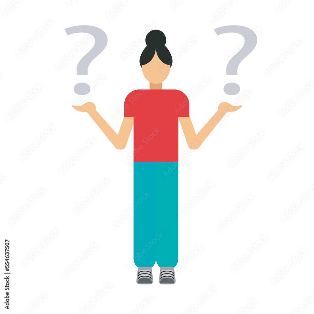 Choice concept. Young woman holding question mark and answer mark in her arms. Colorful flat vector illustration. Choice concept. Young woman holding question mark and answer mark in her arms. Colorful flat vector illustration.
