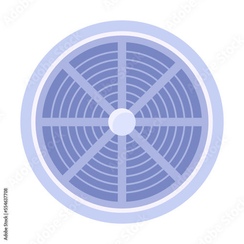 Air duct system. Vector illustration of round grate with filter. Cartoon duct work for air conditioning, cooling and cleaning isolated on white. Ventilation concept