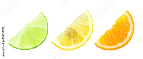 Slice of citrus fruit isolated on transparent background. Orange, lemon and lime. PNG format